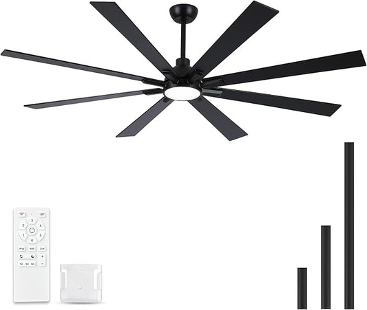 72 Inch Ceiling Fans with Lights and Remote, Black Large Ceiling Fan for Bedroom Living Room Indoor/Outdoor, Quiet 6 Speed Reversible DC Motor, 3CCT, Downrod, Dual Color 8 Blades, ETL Listed