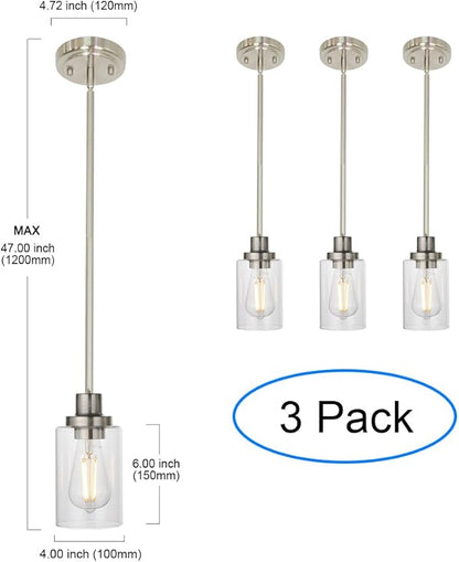 MELUCEE 3 Pack Kitchen Island Pendant Lighting Adjustable Hanging Ceiling Lamp Brushed Nickel Finish with Clear Glass Shade for Bar Dining Room Corridor Living Room Bedside