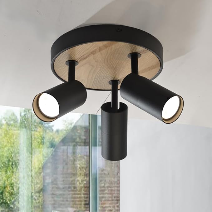 Track Lighting Fixtures Ceiling 3-Light,Spotlight Indoor for Bedroom,Aluminum&Adjustable Lampshade,Black and Wood Track Lighting for Kitchen,Laundry,Bathroom,Small Space,Gu10 Directional Ceiling Light
