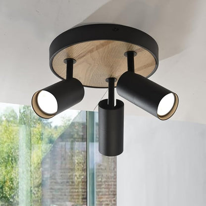 Track Lighting Fixtures Ceiling 3-Light,Spotlight Indoor for Bedroom,Aluminum&Adjustable Lampshade,Black and Wood Track Lighting for Kitchen,Laundry,Bathroom,Small Space,Gu10 Directional Ceiling Light