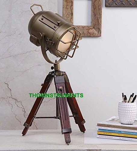 THOR INSTRUMENTS Vintage Industrial Style Brown Brass Finish Teak Wood Tripod Table LAMP Rustic Vintage Home Decor Gifts