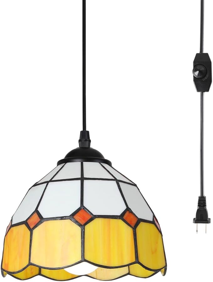HuisMier Tiffany Plug in Pendant Light, Dimmable Mini Hanging Light with Plug in Cord and On Off Dimmer Switch, 15 Ft Vintage Stained Glass Swag Lamp for Dining Room Restaurant Bedroom, 7.9" Width