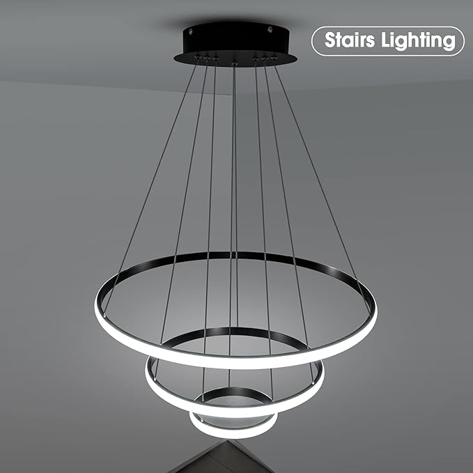 Modern LED Pendant Light, Adjustable Height Circular Entrance Black 3 Ring Circular Chandelier Fixture, Suitable for Restaurants, Kitchens, Islands, Living Rooms, Cafes, Etc. (4000K)
