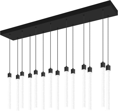 Modern Rectangular Crystal Chandelier for Dining Room LED Dimmable Pendant Light Kitchen Island Entrance Foyer Living Room Adjustable Height 14-Lights Black
