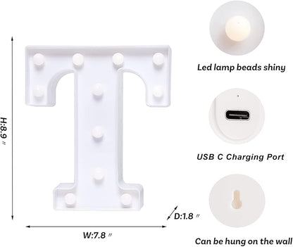 Foaky Rechargeable LED Letter Lights Sign Marquee Light Up Letters Sign for Night Light Wedding/Birthday Party Christmas Lamp Home Bar Decoration (T)