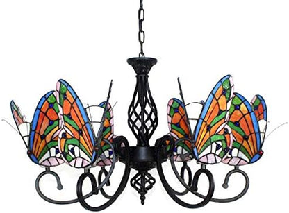 Pendant Lighting LED Chandelier Light Antique Tiffany Style Stained Glass with Butterfly Shaped Lamp Shade Hanging Light for Dining Living Cafe Room Restaurant - TYP A-Butterfly -6 Lights