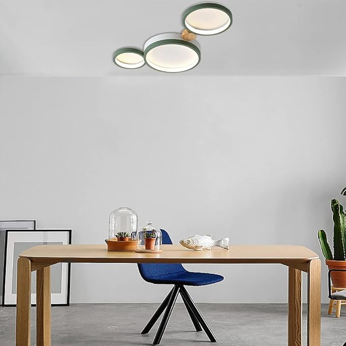 3-Lights LED Ceiling Light Fixture,22 Inch Modern Ceiling Lights Flush Mount Wooden 20W Dimmable Chandelier for Living Room Bedroom Kitchen,3000K/4000K/6000K Temperatures Selectable Green