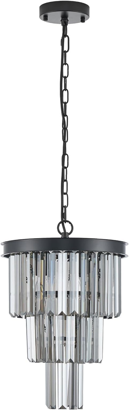 CATINER 3 Tier Black Crystal Pendant Light, Mini Smoke Gray K9 Crystal Chandelier with Adjustable Chain, Modern Small Ceiling Pendant Lighting for Kitchen Island Dining Room Hallway Bedroom Closet