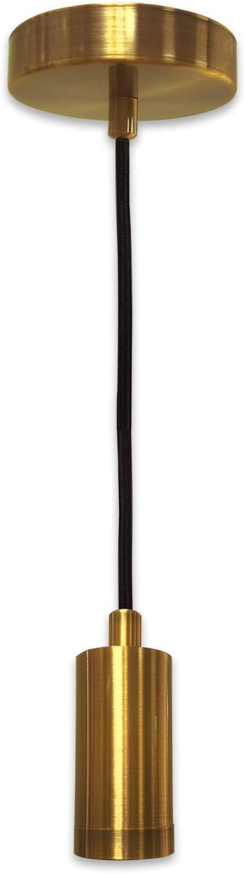 Royal Designs, Inc. Hanging Pendant Lighting Keyless Cylinder-Shaped Pendant Light Socket and Canopy, Gold Finish with Brown Rayon Fabric Cord