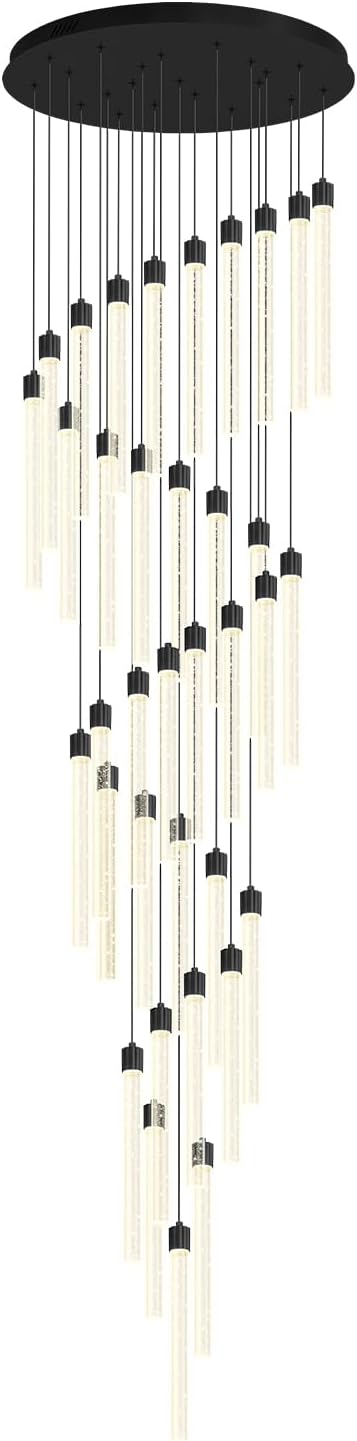 200'' Long Crystal Column Chandelier Black 36-Light Extra Large Staircase Chandelier High Ceiling Dimmable LED Ceiling Lighting Foyer Entryway Light Source is Replaceable