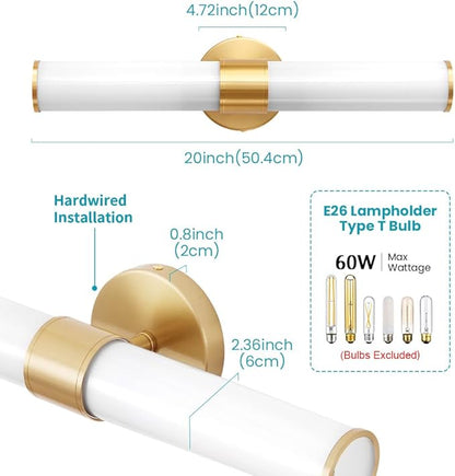 Gold Bathroom Light Fixtures, Vanity Lights for Mirror with Milk Glass Shade, 20 Inch Up and Down Wall Sconces for Bathroom Bedroom Living Room Hallway - Bulb Not Included