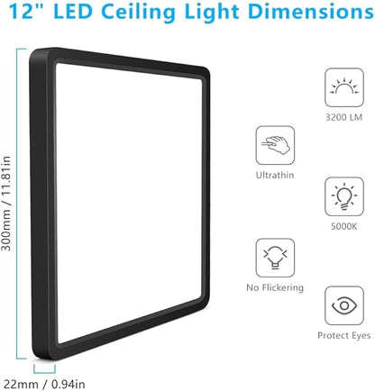 12Inch 24W Square LED Ceiling Light Fixtures Flush Mount, 5000K Daylight White LED Ceiling Lamp, Surface Mount Modern Ceiling Lights, Black Slim Flat Panel Lighting for Bedroom, Kitchen, Bathroom Etc