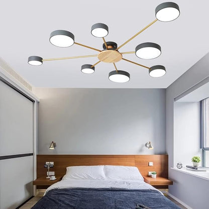 8-Lights LED Ceiling Light Fixture,48 Inch Modern Ceiling Lights Flush Mount Wooden 64W Dimmable Chandelier for Living Room Bedroom Kitchen,3000K/4000K/6000K Temperatures Selectable Grey