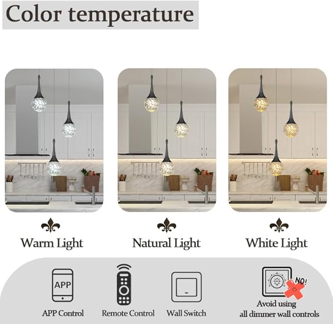 Flashing God Pendant Light Fixtures 3-Light Kitchen Island Pendant Lights Modern Black Chandelier Dimmable LED Pendant Lighting for Kitchen Island Dining Room