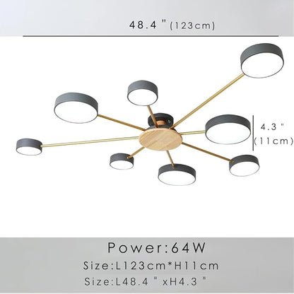 8-Lights LED Ceiling Light Fixture,48 Inch Modern Ceiling Lights Flush Mount Wooden 64W Dimmable Chandelier for Living Room Bedroom Kitchen,3000K/4000K/6000K Grey