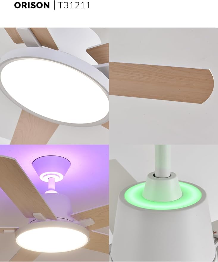 Orison Ceiling Fans with Lights, 52 inch Low Profile Ceiling Fan with RGB Backlight, Flush Mount Ceiling Fan with Remote and App Control,White Bedroom Fan, 6 Speeds, 3 Reversible Blades (White RGB)