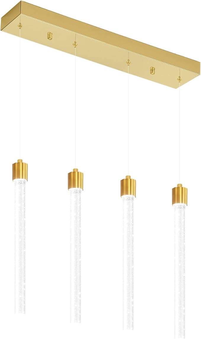 Modern Crystal Column Chandelier for Living Room Dining Room 4-Lights Gold Dimmable LED Adjustable Height Hanging Pendant Light for Kitchen Island,Bedroom,Over Table,