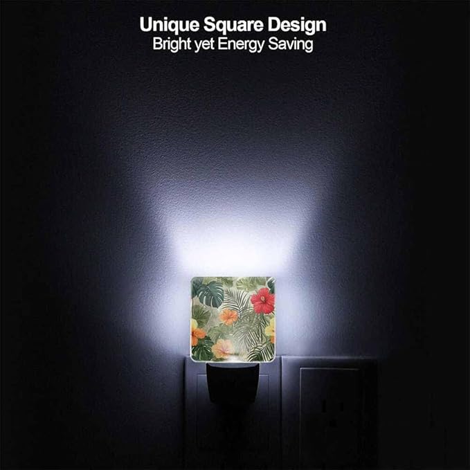 Hibiscus Night Light Exotic Palm Leaf Flowers 0.5W Night Lights Auto LED Lamp Energy Saving Square Lights for Room Bedroom Bathroom