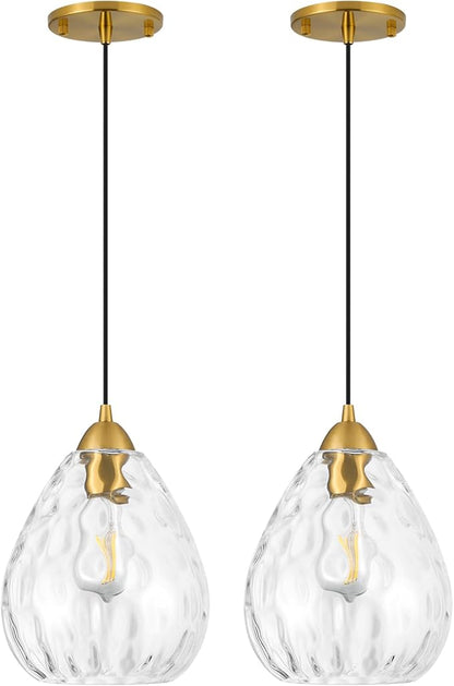 Glass Pendant Lights Kitchen Island 2 Pack,Modern Pendant Lights with Clear Hammered Glass Shade,Gold Adjustable Hanging Pendant Light fixtures for Kitchen Island Dining Room Bedroom(2 Pack)