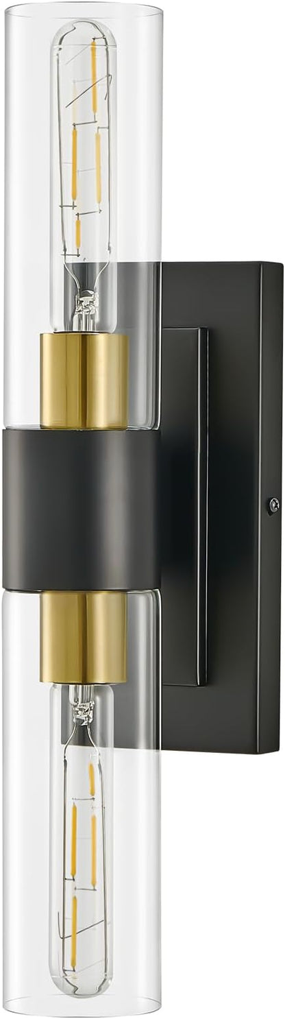 19" Black and Gold Wall Sconce,Modern Bathroom Light Fixtures,2-Light Vanity Lights for Mirror,Indoor Wall Lamp Wall Mount Hardwired Light for Bedroom with Clear Glass,E26 Base,1 Pack