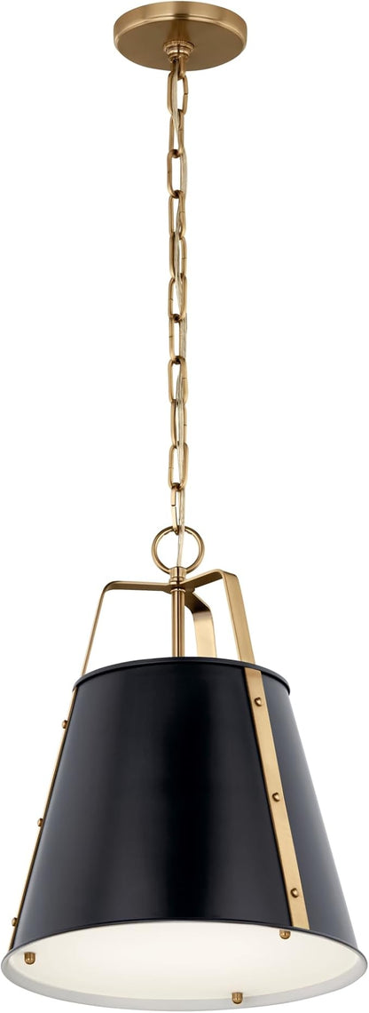 Kichler Etcher 1-Light Pendant Light Fixture with Etched Painted White Glass Diffuser in Black and Champagne Bronze for Kitchen Island or Dining Room (17" x 13"), 52710BK