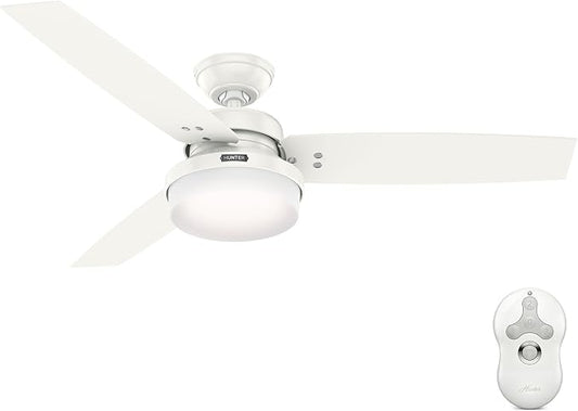 Hunter 52 inch Indoor Ceiling Fan with LED Light and Remote Control - Standard Mount White Ceiling Fan, 3 Blades, For Bedroom, Living Room, or Kitchen - Sentinel 59169, Fresh White