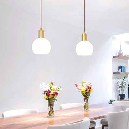 Mid Century Pendant Light with White Striped Glass, Ribbed Pendant Lighting, Brass Gold Kitchen Island Light, Globe Pendant Light Fixture, Adjustable Hanging Light for Barthroom Dining Room Hallway