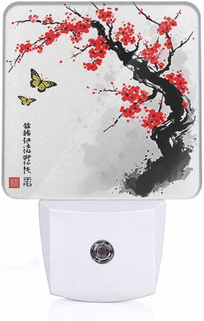 Plum Blossoms and Butterflies Night Light Red Ink Painting Style LED Night Lights Plug into Wall for Stairway Hallway Bedroom 0.5W Nightlight