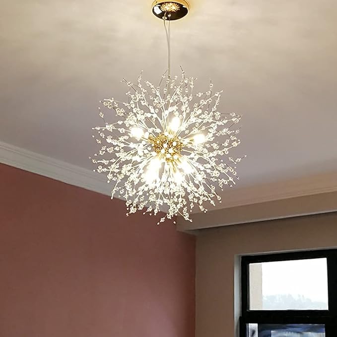 Yiisem Gold Crystal Chandeliers, 9-Light Modern Dandelion Firework Pendant Lighting, G9 Hanging Chandelier Light Fixtures for Dining Room Bedroom Hallway Kitchen Aisle