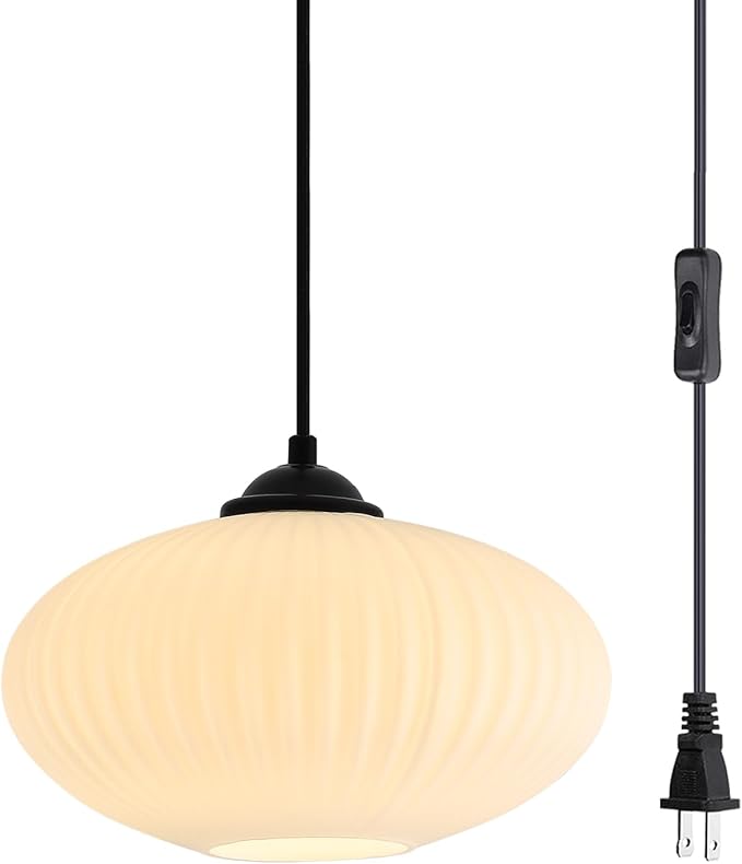 Mid Century Modern Hanging Lights with Plug in Cord Large Milk Glass Pendant Light Black Industrial Pendant Light Plug in Hanging Light Fixture for Bedroom
