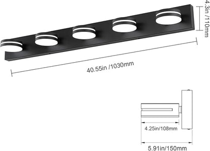 5 Light Bathroom Vanity Light, 30W LED Black Bathroom Light Fixtures Over Mirror, Dimmable Bath Lights, Wall Sconce Light with Milky White Acrylic Shades, Rotatable Lights Head