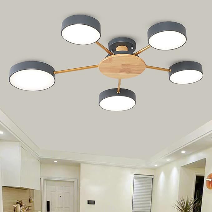 5-Lights LED Ceiling Light Fixture,32 Inch Modern Ceiling Lights Flush Mount Wooden 40W Dimmable Chandelier for Living Room Bedroom Kitchen,3000K/4000K/6000K Temperatures Selectable Grey