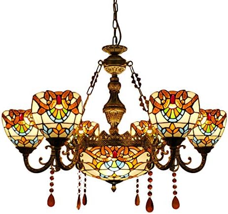 Pendant Lighting LED Chandelier Light Antique Tiffany Style Stained Glass 6+1-Light with Amber Droplet Decorations Hanging Light for Dining Living Cafe Room Restaurant - TYP C2-