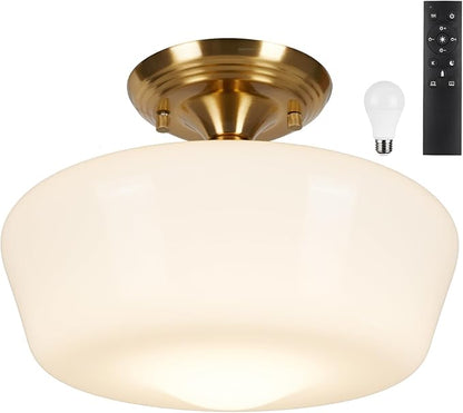 Schoolhouse Style Semi Flush Mount Ceiling Light with Dimmable Bulb Remote Control, 12" Modern Gold Hallway Ceiling Lamp with Opal Milk Glass Shade, Farmhouse Globe Light for Bedroom Kitchen Laundry