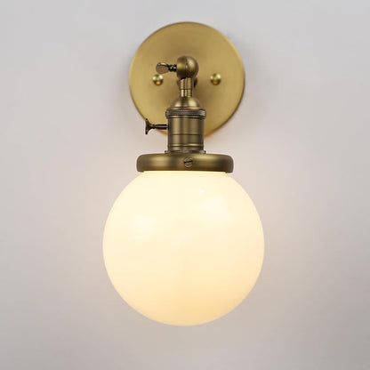 Pathson Hardwired Wall Sconce with White Globe, Brass Bathroom Vanity Light with On Off Switch, Vintage Wall Light Fixtures for Living Room Loft Hallway