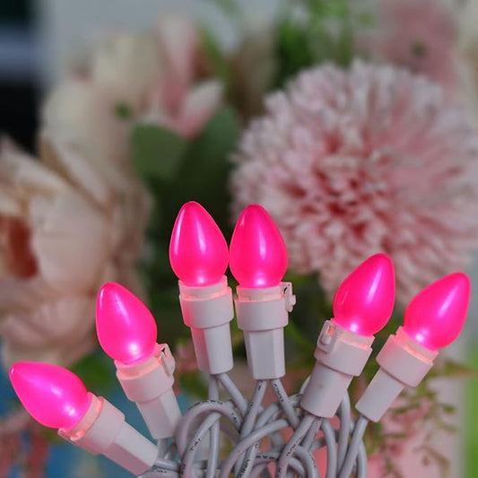 Christmas Pink Mini String Lights-50 Count 13 Feet Detachable LED Glass C3 Bulb Waterproof Fairy Lights Plug in for Indoor Outdoor Party Patio Xmas Tree Valentine’s Day White Wire