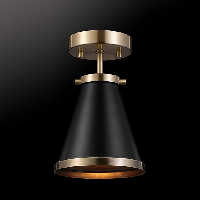 GLOBE Electric x Novogratz 65789 1-Light Semi-Flush Mount Ceiling Light, Matte Black, Brass Accent, Bedroom Lighting Fixtures Ceiling, Dining Room Fixture, Lighting for Hallway or Dining Room