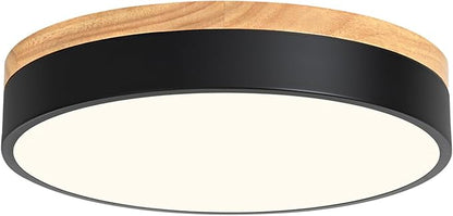 Modern Wood Flush Mount Ceiling Light, Black LED 5CCT 2700K-6000K Dimmable Ceiling Light Fixtures, Round Close to Lighting Fixture for Kitchen Entryway Hallway Bedroom Laundry Room-11.8in