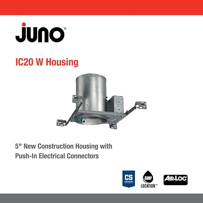 Juno 5 Inch Incandescent Ceiling Light Housing for New Construction, IC Rated Recessed Light, Adjustable Bar Hangers, Damp Location UL Listed Can Lighting, Includes Push-in Electrical Connectors
