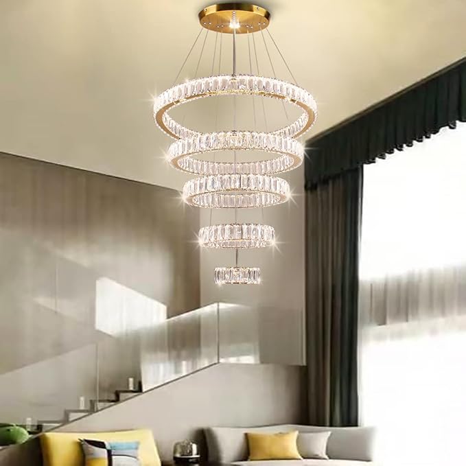 Dixun LED Big Crystal Chandeliers Modern 5 Rings Pendant Light Adjustable Ceiling Light for Bedroom Dinning Room Kitchen (Multicolor,Control by Switch)