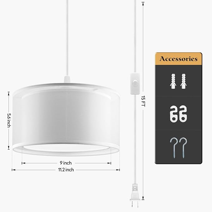 Plug in Pendant Light, 15FT White Cord Hanging Lights with Plug in Cord, Hanging Light with On/Off Switch, Double Linen Shade Fabric Design, Pendant Llight Fixture for Bedroom Living Room Restaurant