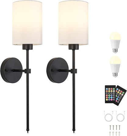 Battery Operated Wall Sconces Set of Two,Wireless Rechargeable Wall Light With Remote Control, Dimmable, 1800K/3000K/4000K/6000K/RGB, Timer, for Living Room, Bedroom, Fireplace, TV, 23.6 Inch Black
