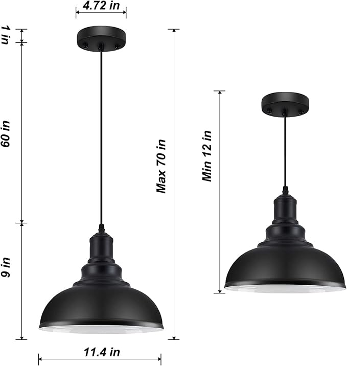 LOEHINLE 2PCS Pendant Lighting, Vintage Industrial Fixtures, Black Metal Chandelier Lights, Ceiling Lamp for Kitchen Home Island Dining Room Bedroom, 11.4 inches