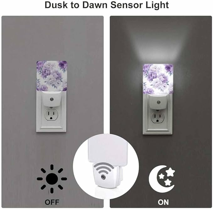 Purple Flowers Night Light Peonies in Full Bloom 0.5W Night Lights Auto LED Lamp Energy Saving Square Lights for Room Bedroom Bathroom