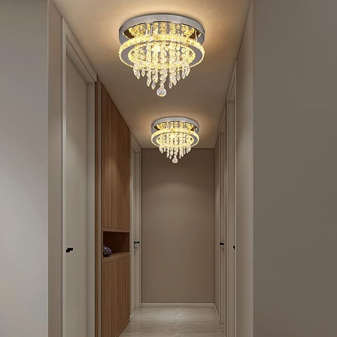 Deckrico Modern K9 Crystal Chandelier 3 LED Lights Stainless Steel Pendant Lamp Flush Mount Light Fixtures for Dining Room Bathroom Bedroom Living Room (Warm White)