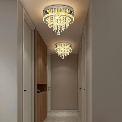 Deckrico Modern K9 Crystal Chandelier 3 LED Lights Stainless Steel Pendant Lamp Flush Mount Light Fixtures for Dining Room Bathroom Bedroom Living Room (Warm White)