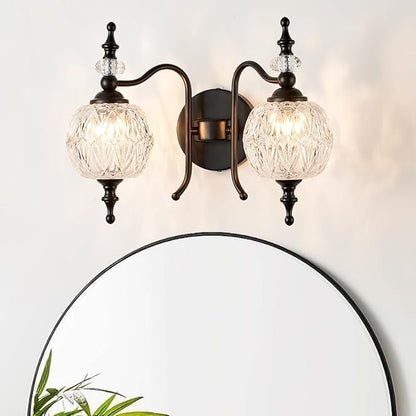 Vintage Crystal Bathroom Wall Sconces Black 2-Light Antique Vanity Light Fixtures Retro Wall Sconce Light with Crystal Glass Shade for Bathroom Bedroom Dinning Room