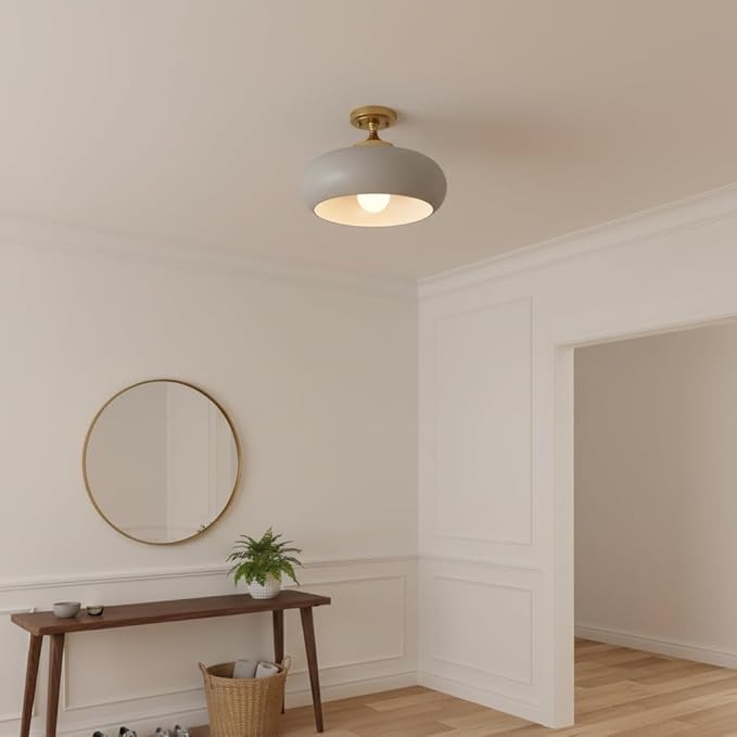 Mid Century Modern Semi Flush Mount Ceiling Light, Gold Kitchen Ceiling Light Fixture with Glass Shade, Grey Close to Ceiling Lamp Mini Chandeliers for Entryway Hallway Bathroom