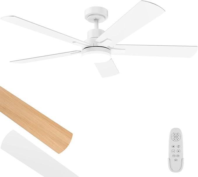 Ceiling Fan with Light 52-Inch, Remote Control Reversible DC Motors, 3CCT Dimmable Timer Noiseless, White Ceiling Fan for Bedroom Living Room, Indoor&Outdoor ETL Listed