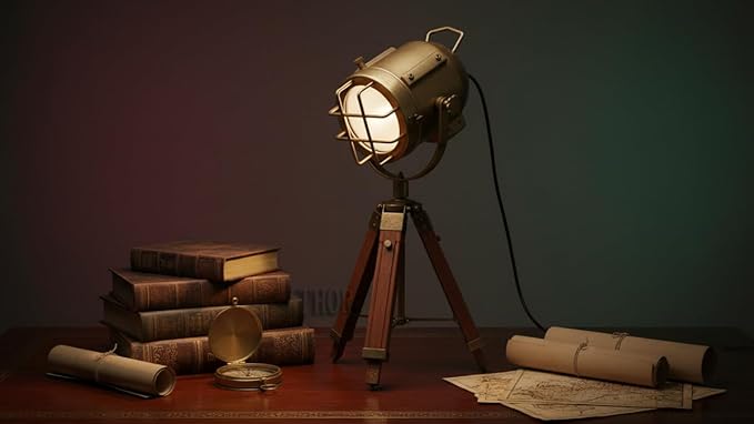 THOR INSTRUMENTS Vintage Industrial Style Brown Brass Finish Teak Wood Tripod Table LAMP Rustic Vintage Home Decor Gifts